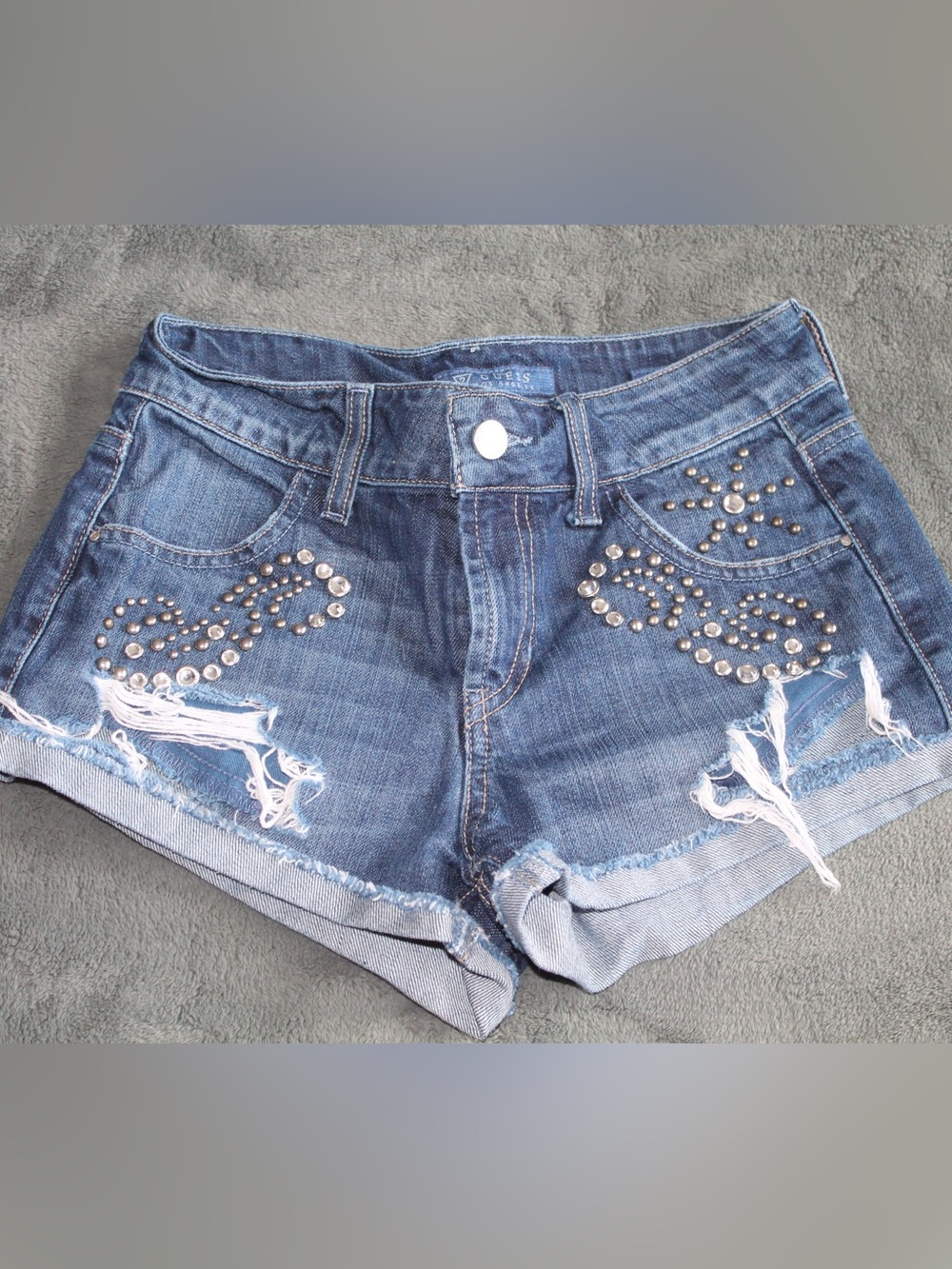 Guess by Marciano Blue Distressed Denim Jean Shorts with Studs